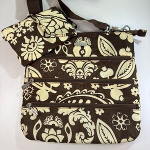 Baggallini Crossbody Brown Beige Paisley Triple Zip W/ Matching Wallet EUC Purse